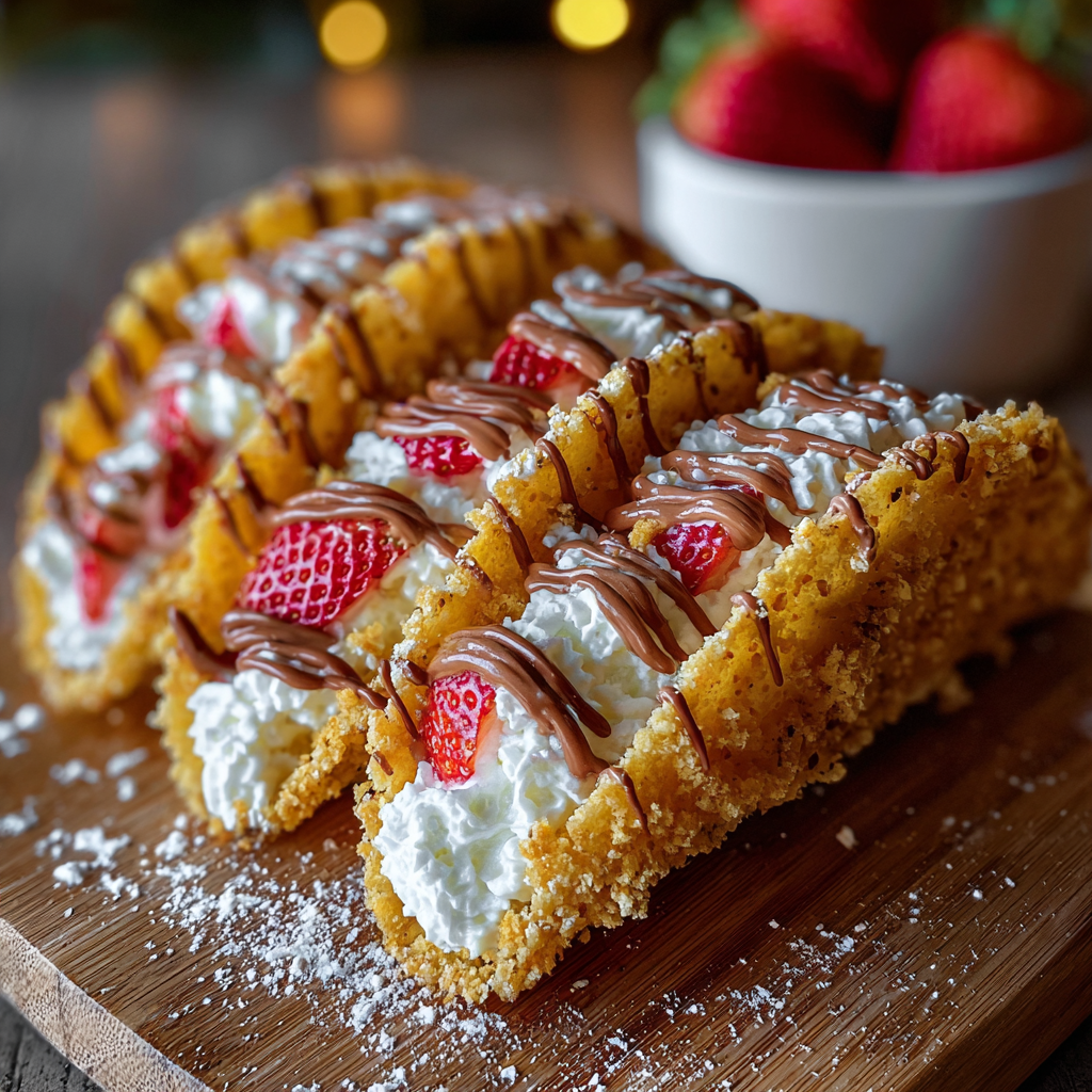 Festive decorated cheesecake tacos with sprinkles and candy canes