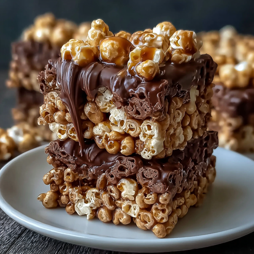 Peanut butter Rice Krispie treats in pan, topped with chocolate swirls