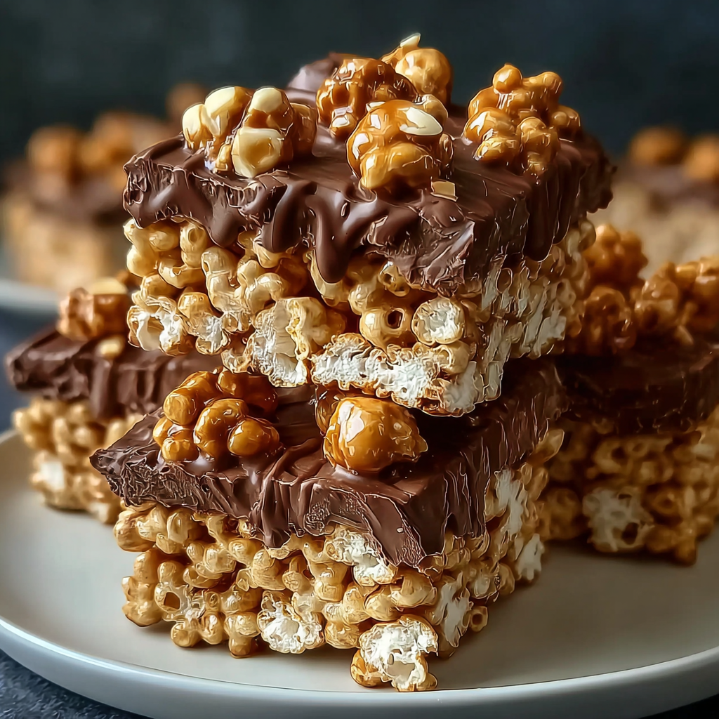 Close-up of a cut Rice Krispie treat showing texture and chocolate swirl