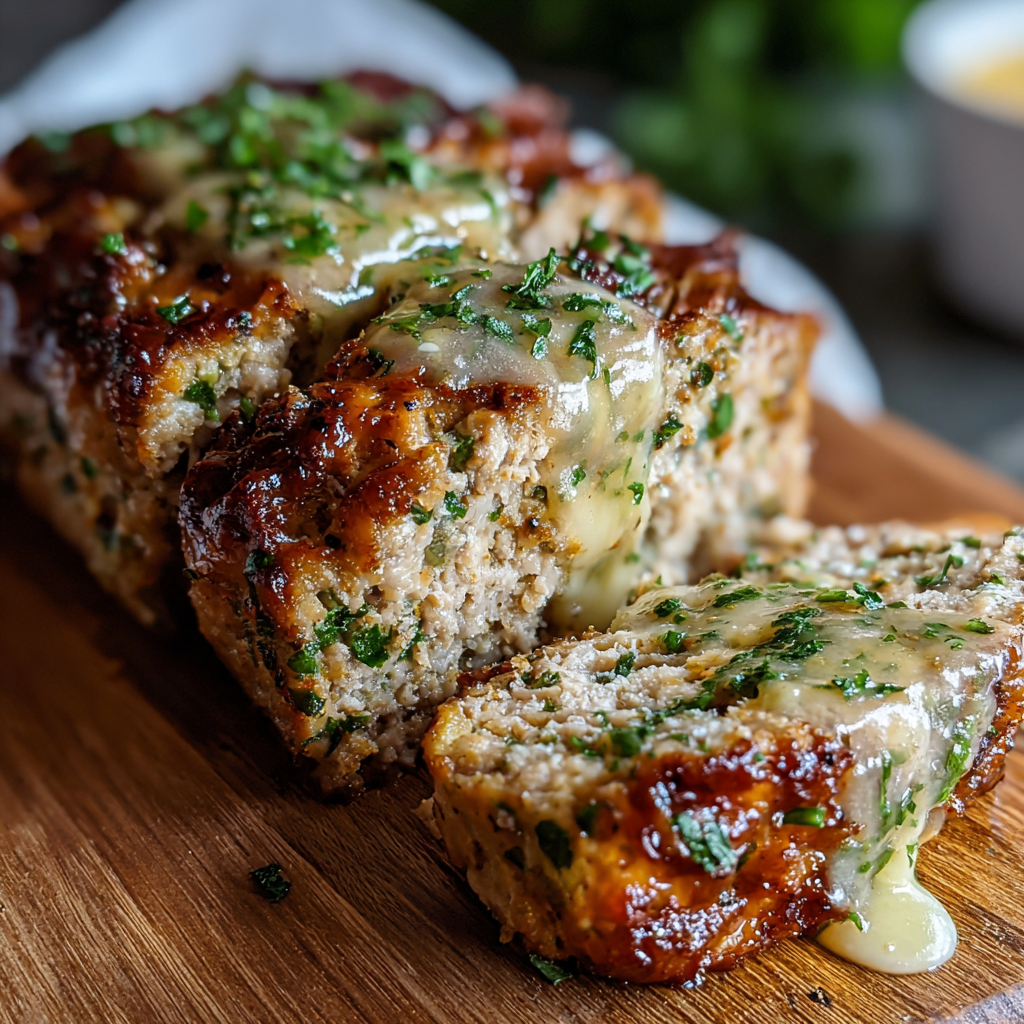 Glazed garlic Parmesan chicken meatloaf on a cutting board