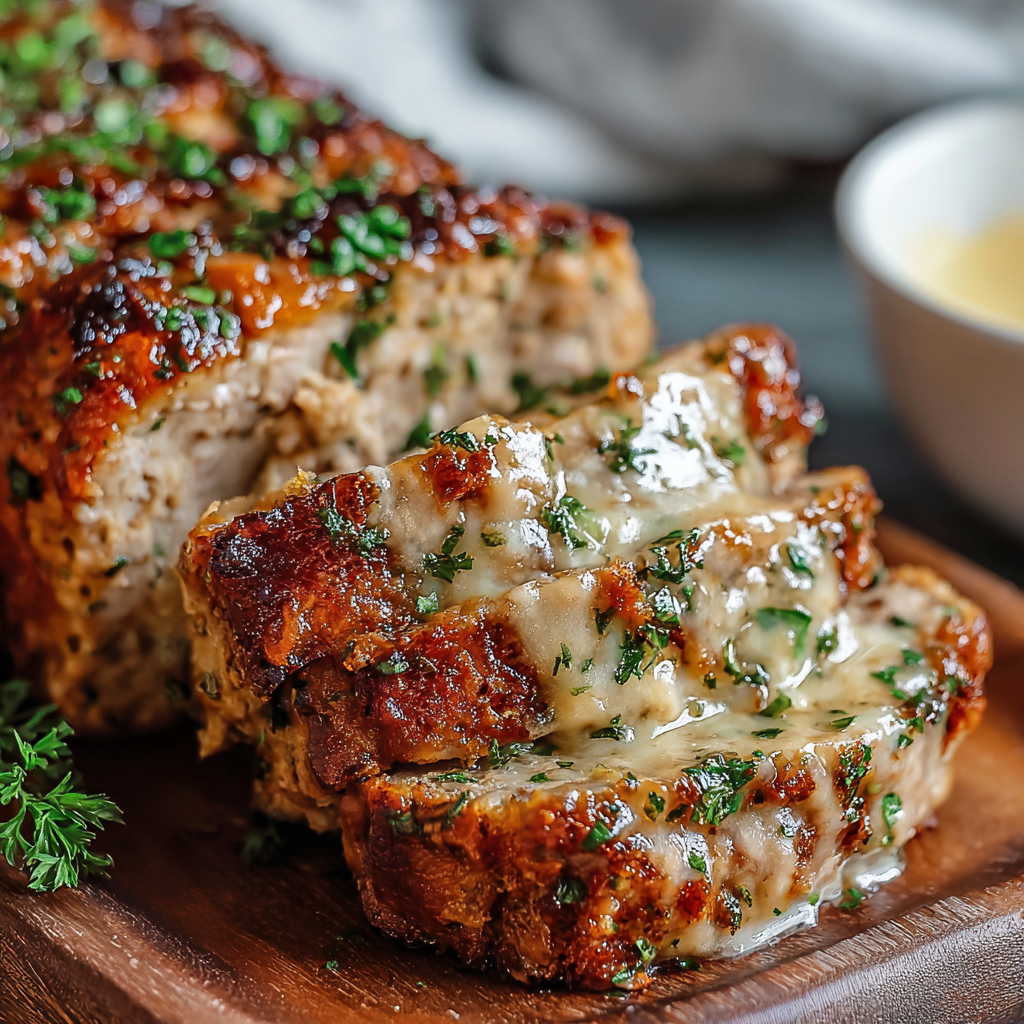 Slice of chicken meatloaf plated with parsley garnish