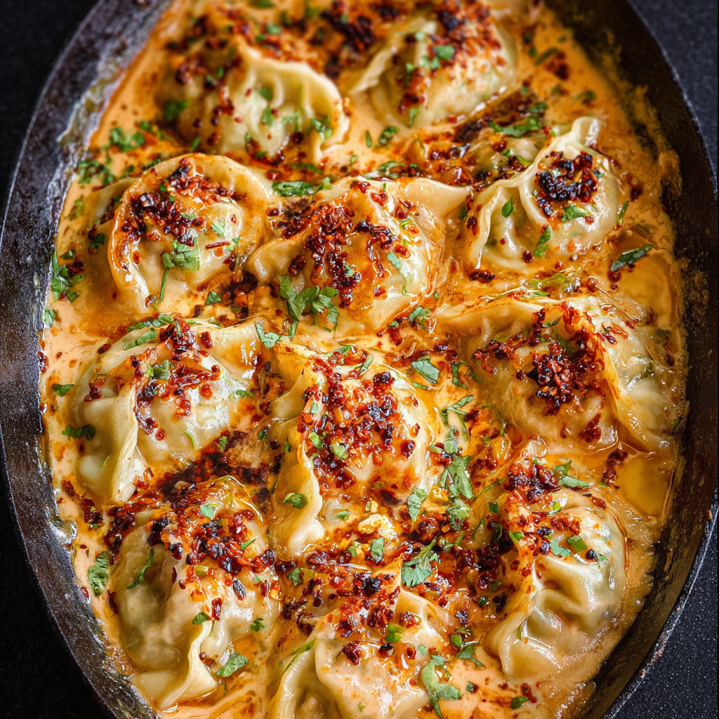 One pan baked dumplings in coconut red curry sauce