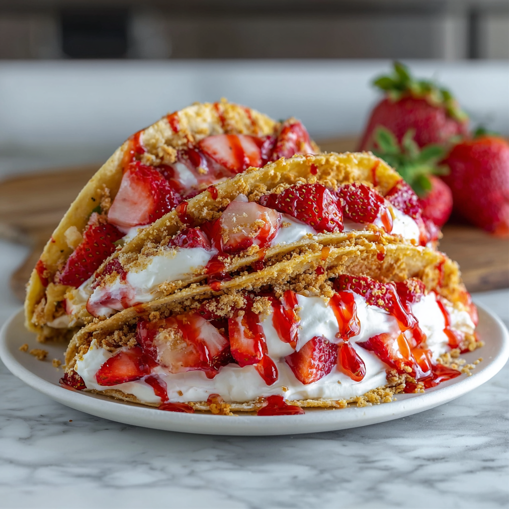 Strawberry Crunch Cheesecake Taco on serving plate