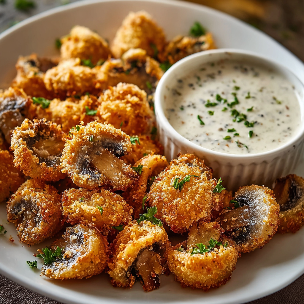 Plated ranch-breaded mushrooms with dipping sauce