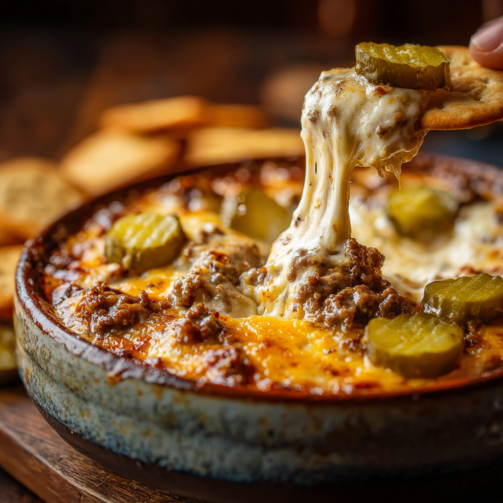 Close-up of cheesy dip with pickles