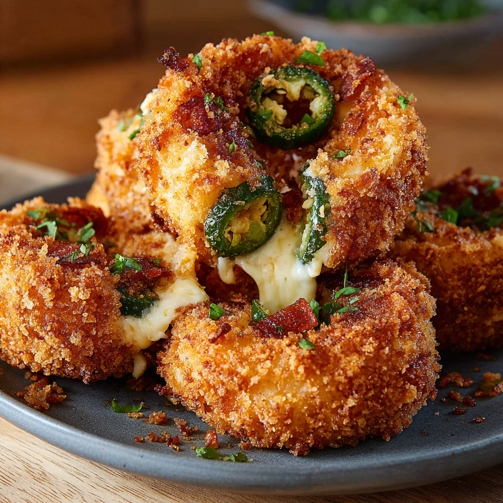 Stack of stuffed onion rings on parchment