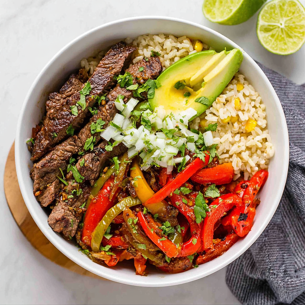 Steak fajita bowl with quinoa and toppings