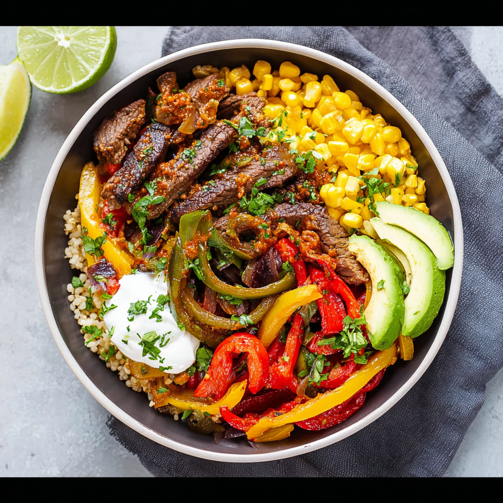 Close up of seared steak and peppers