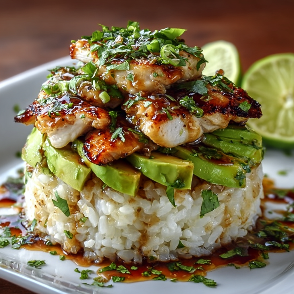 Grilled honey lime chicken on rice with avocado