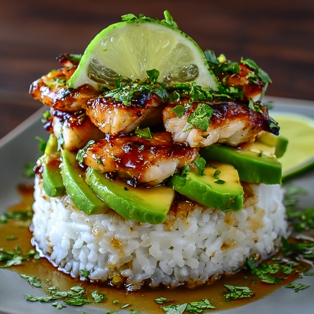 Avocado rice stack close up with lime