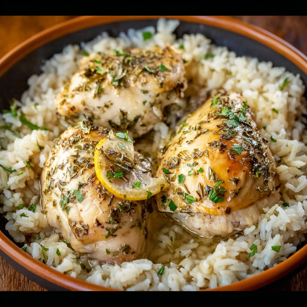Served lemon herb chicken and rice garnished with parsley