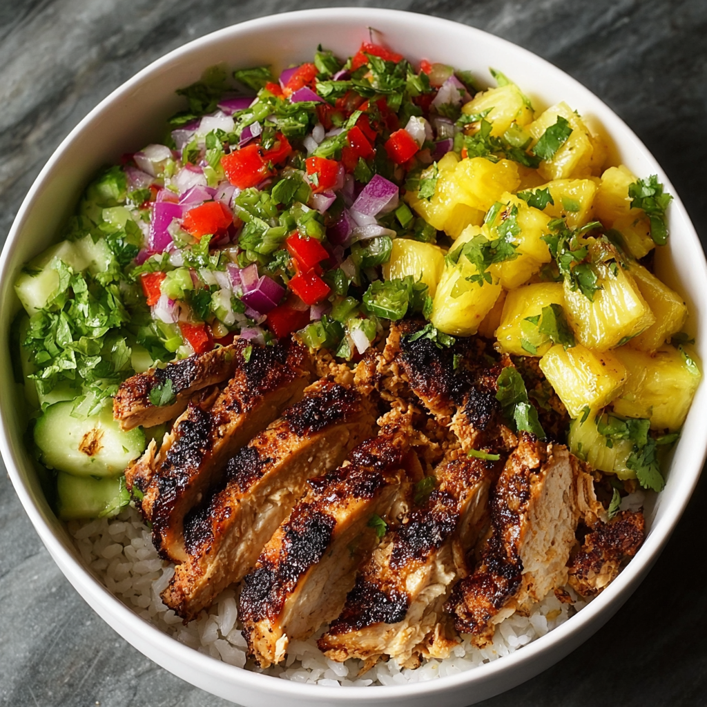 Sliced jerk chicken over rice with pineapple salsa