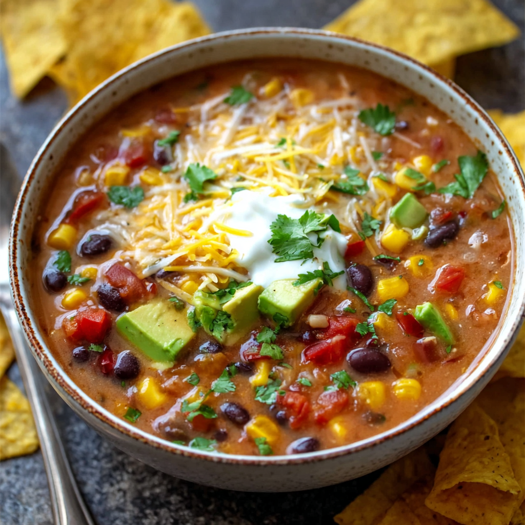 Slow cooker of vegetarian tortilla soup with toppings