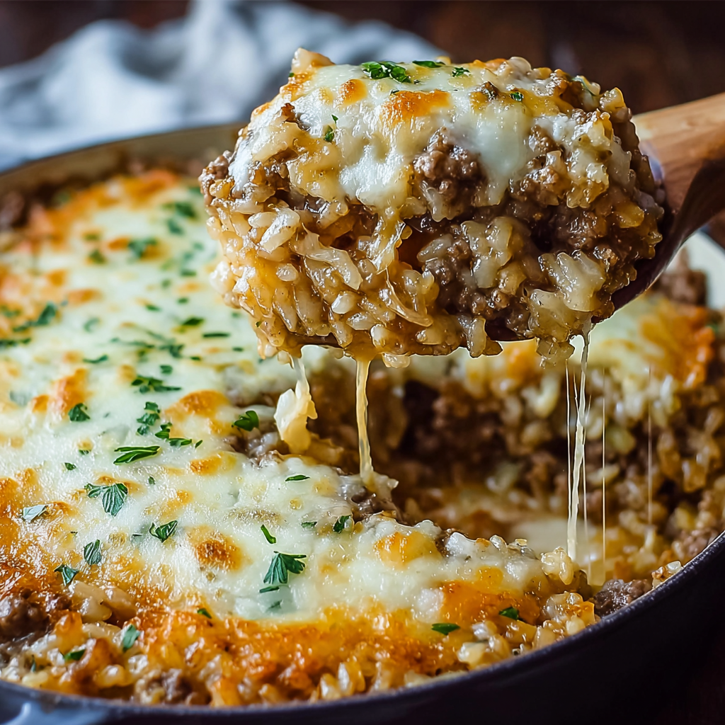 Close-up of cheesy casserole topped with crispy onions
