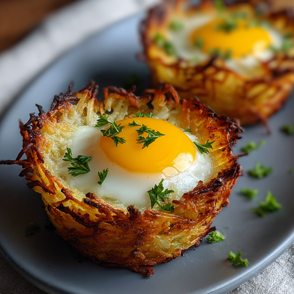 Golden hash brown baskets filled with baked eggs