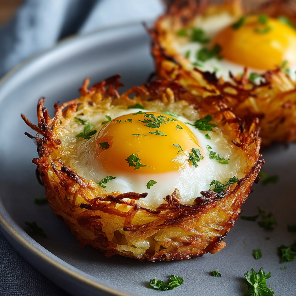 Close-up of a baked hash brown egg basket