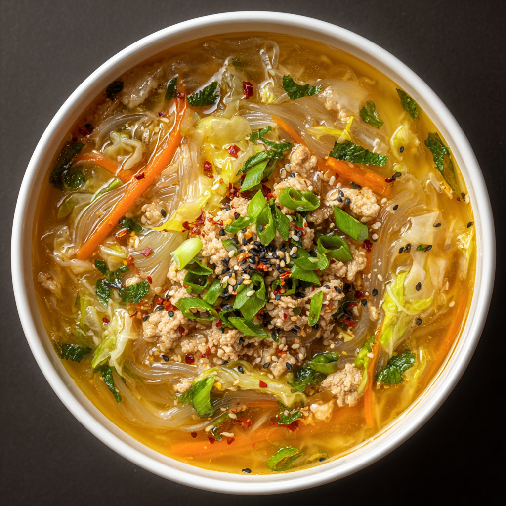 Bowl of cozy egg roll soup with green onions