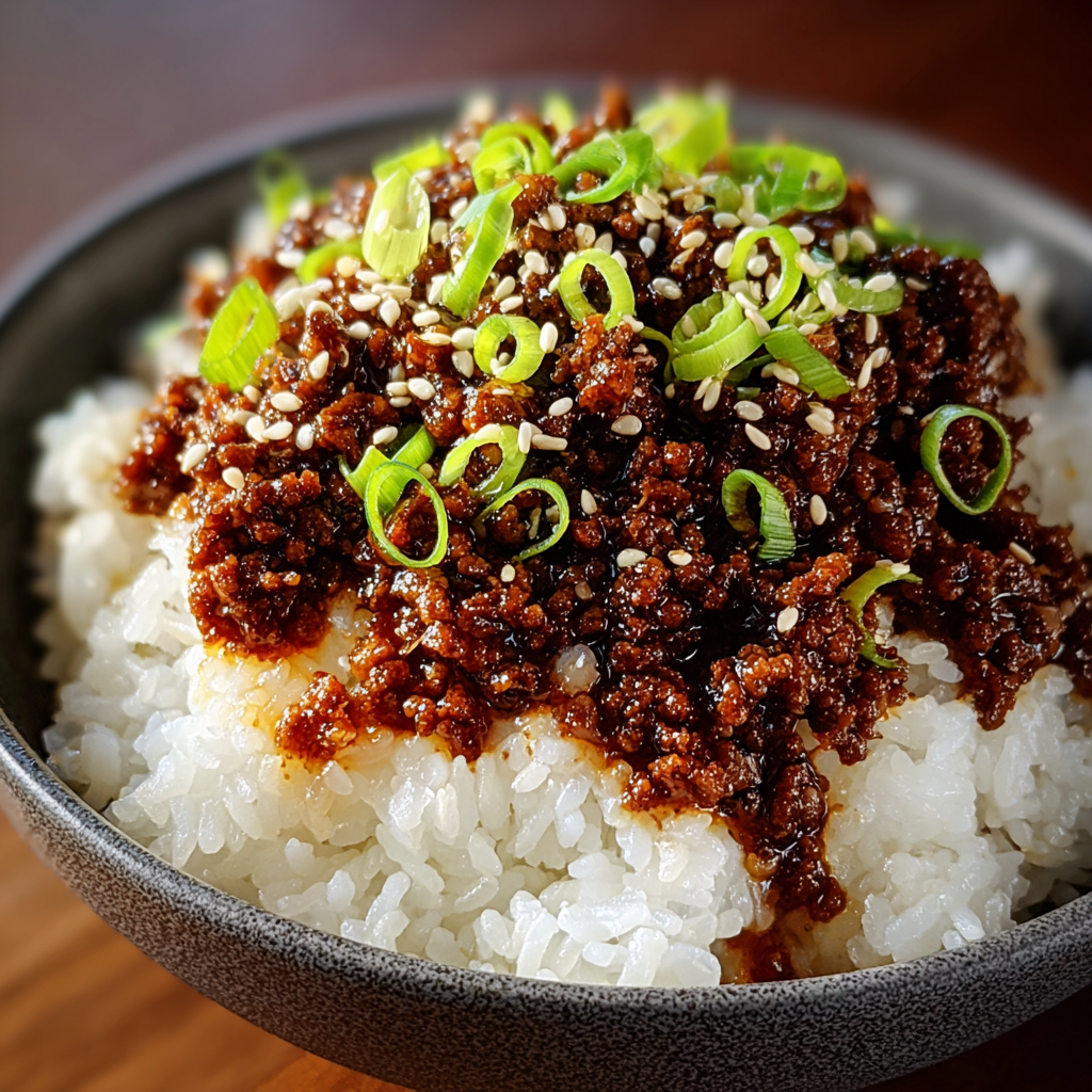 Hot honey glazed beef in a bowl garnished with green onions
