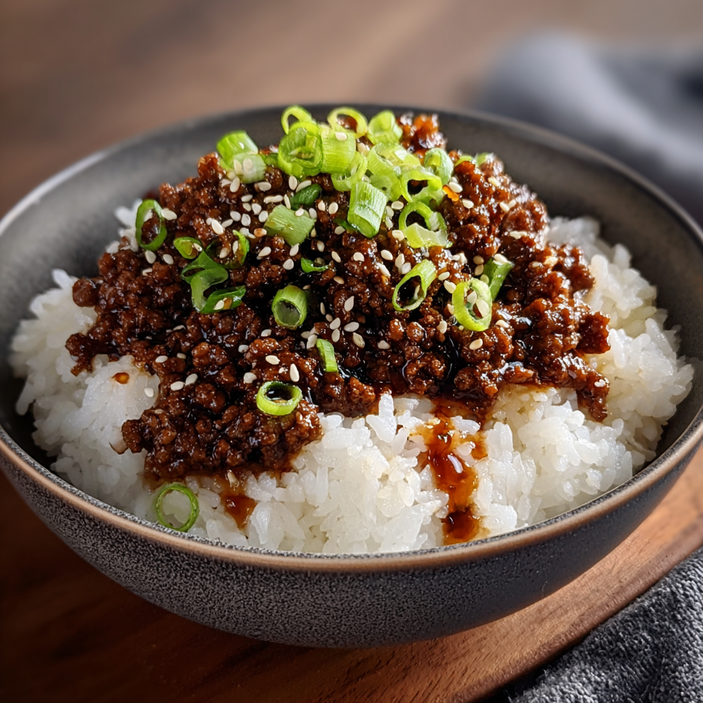 Serving suggestion of ground beef bowl with scallions and sesame seeds