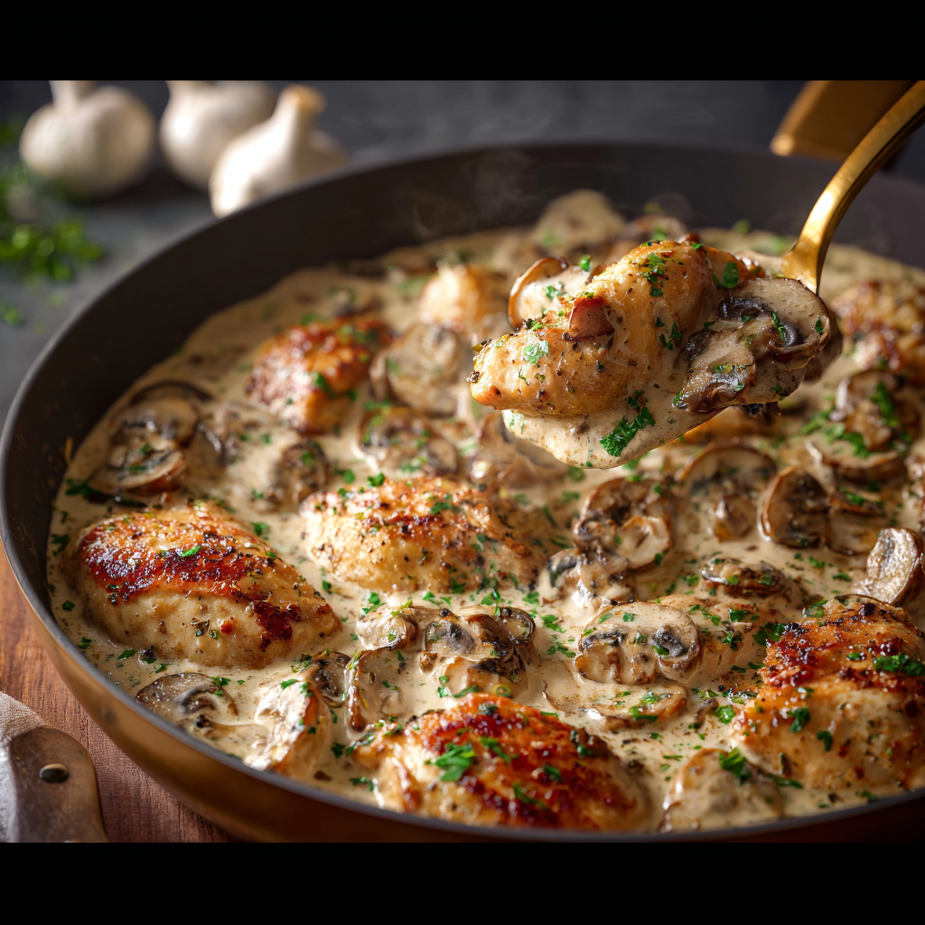 Pan of chicken stroganoff with mushrooms