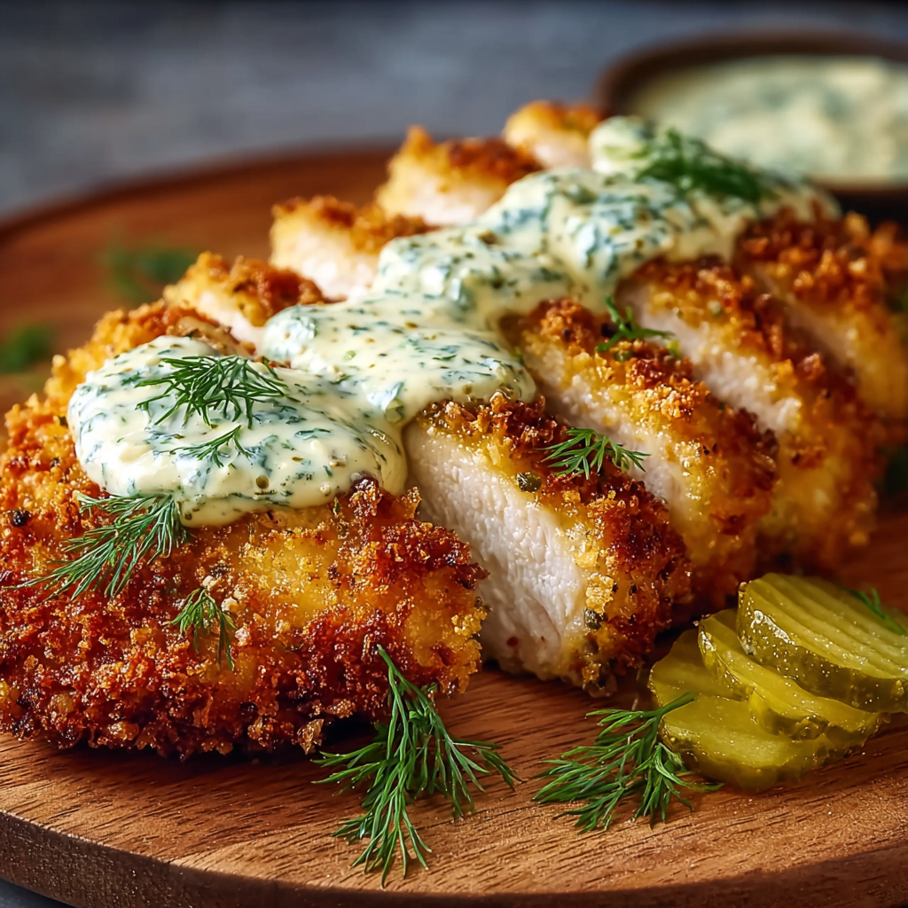 Golden Crispy Dill Pickle Parmesan Chicken in skillet