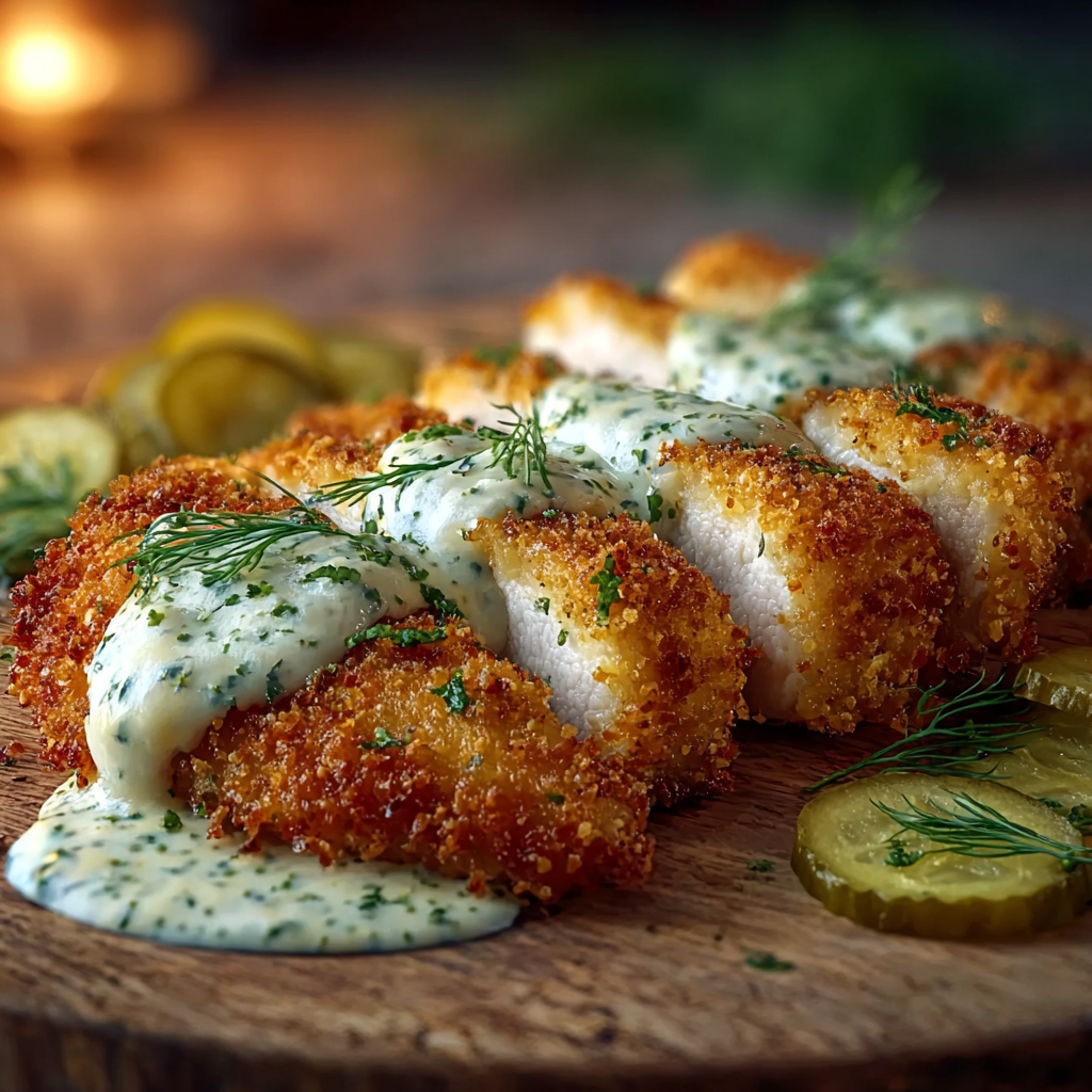 Crispy chicken plated with dill garnish