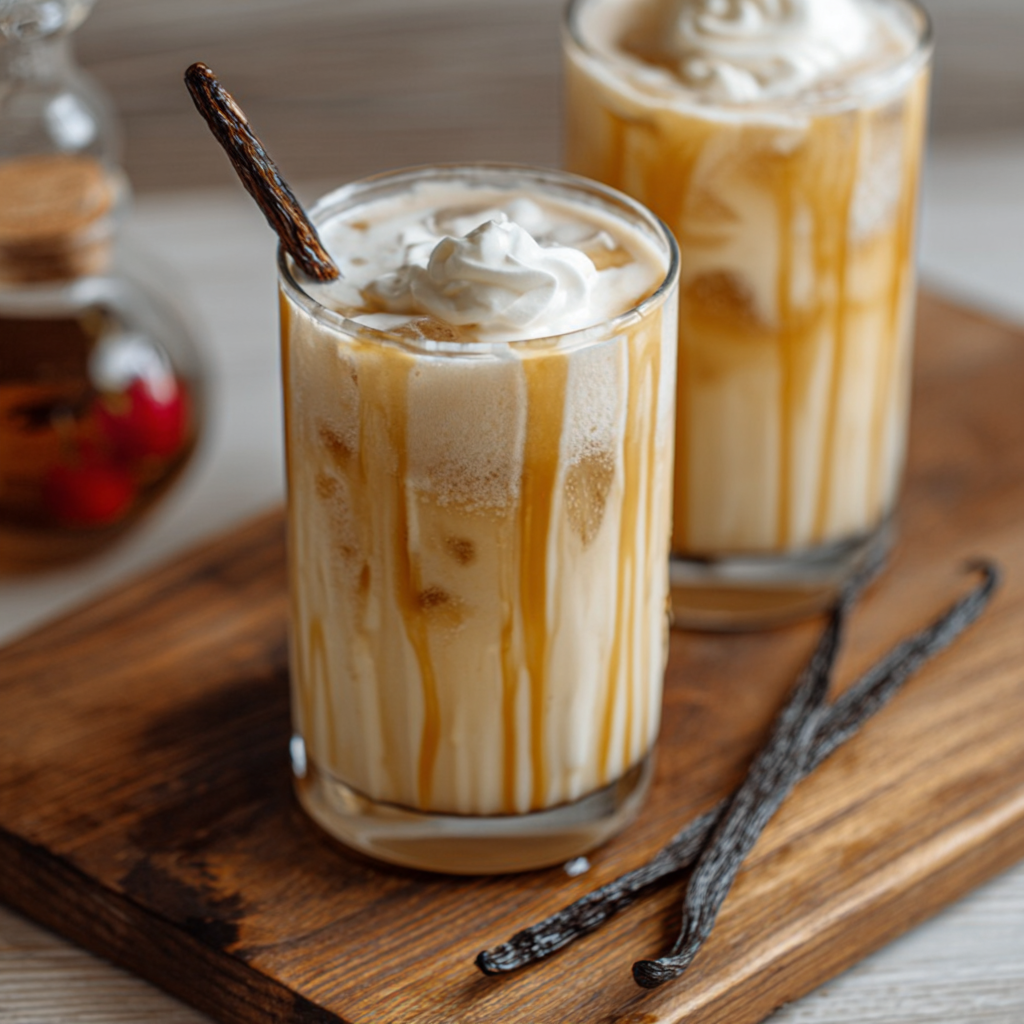 Vanilla Bourbon Cream Soda in a glass with whipped cream