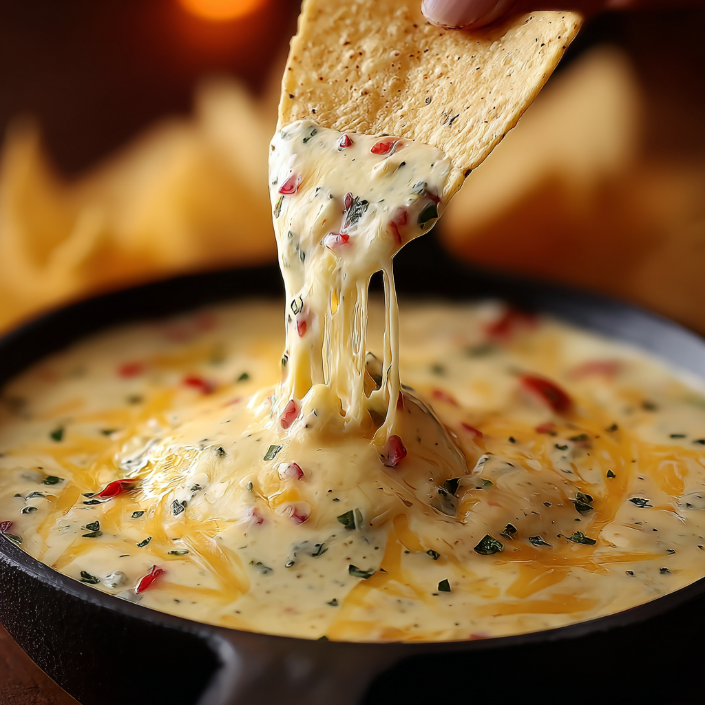 Warm cheese dip in a bowl surrounded by tortilla chips