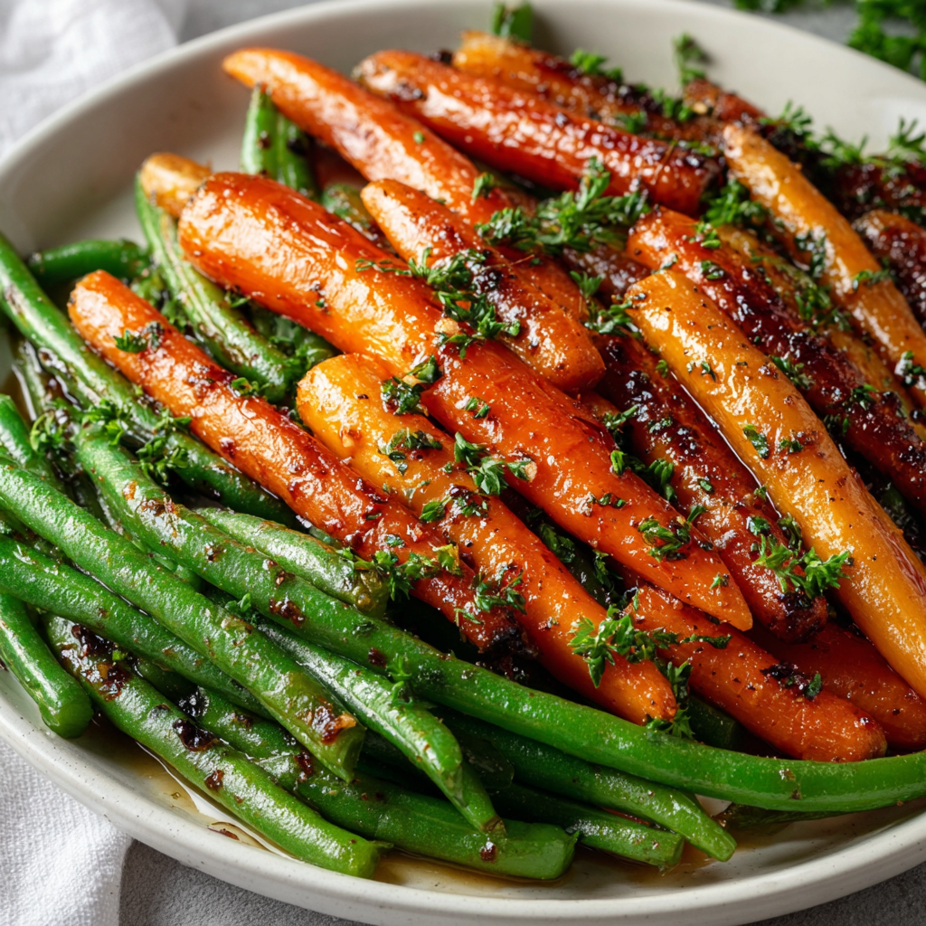 Honey glazed roasted carrots and green beans on a baking sheet