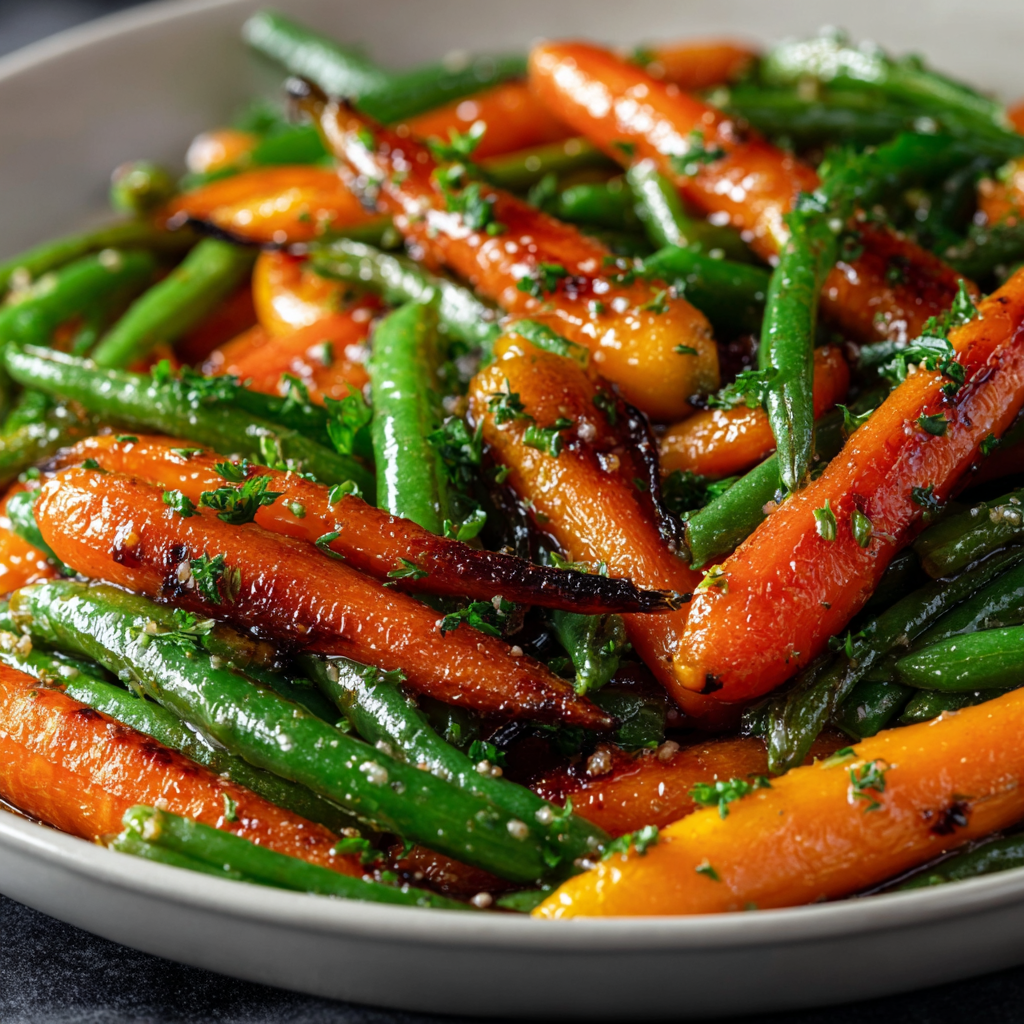 Serving bowl with honey glazed carrots and green beans