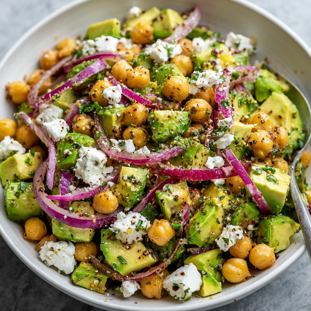 Chickpea and avocado salad in bowl with herbs