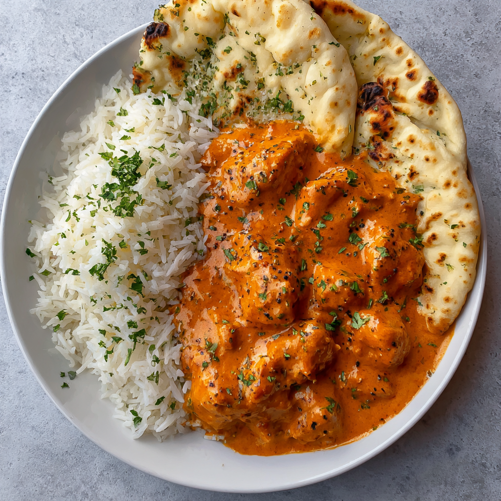 Served butter chicken with naan and rice