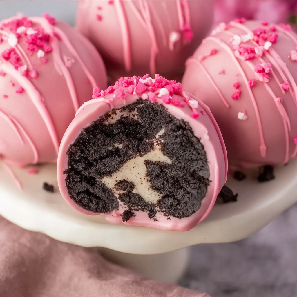 Tray of pink-coated Oreo truffle balls on parchment