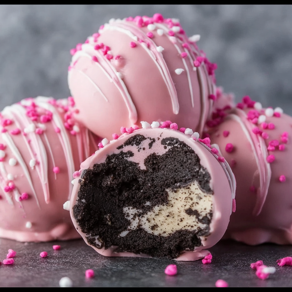 Close-up of pink candy-coated Oreo truffles with sprinkles
