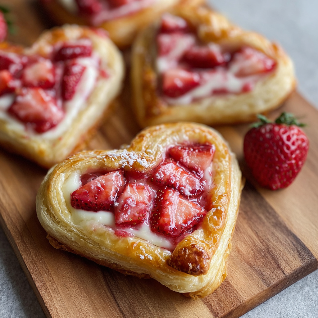 Strawberry Cream Cheese Heart Danishes on a cooling rack