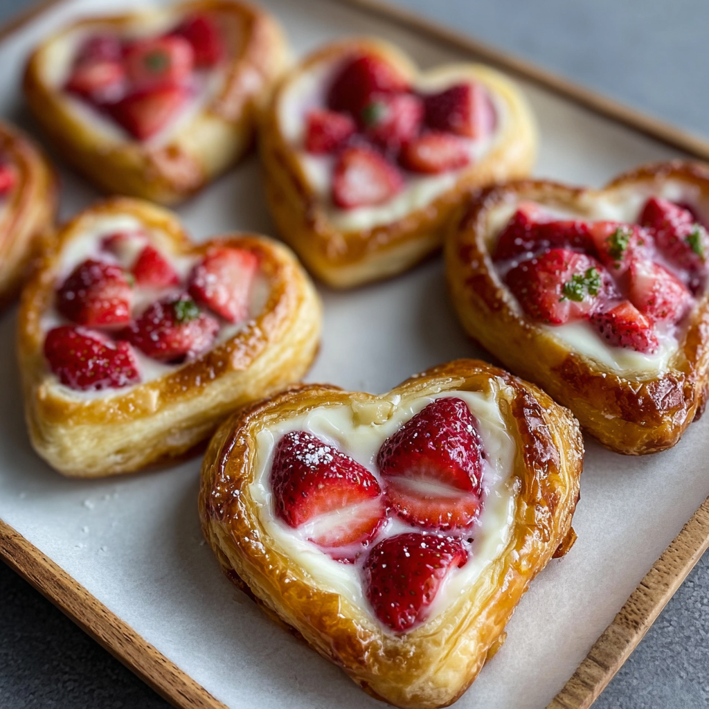 Close-up of a heart danish with sliced strawberries