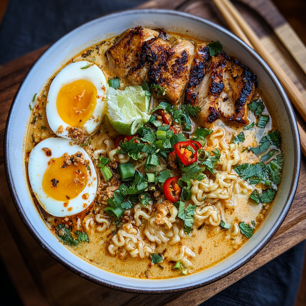 Creamy garlic chicken ramen simmering in pot