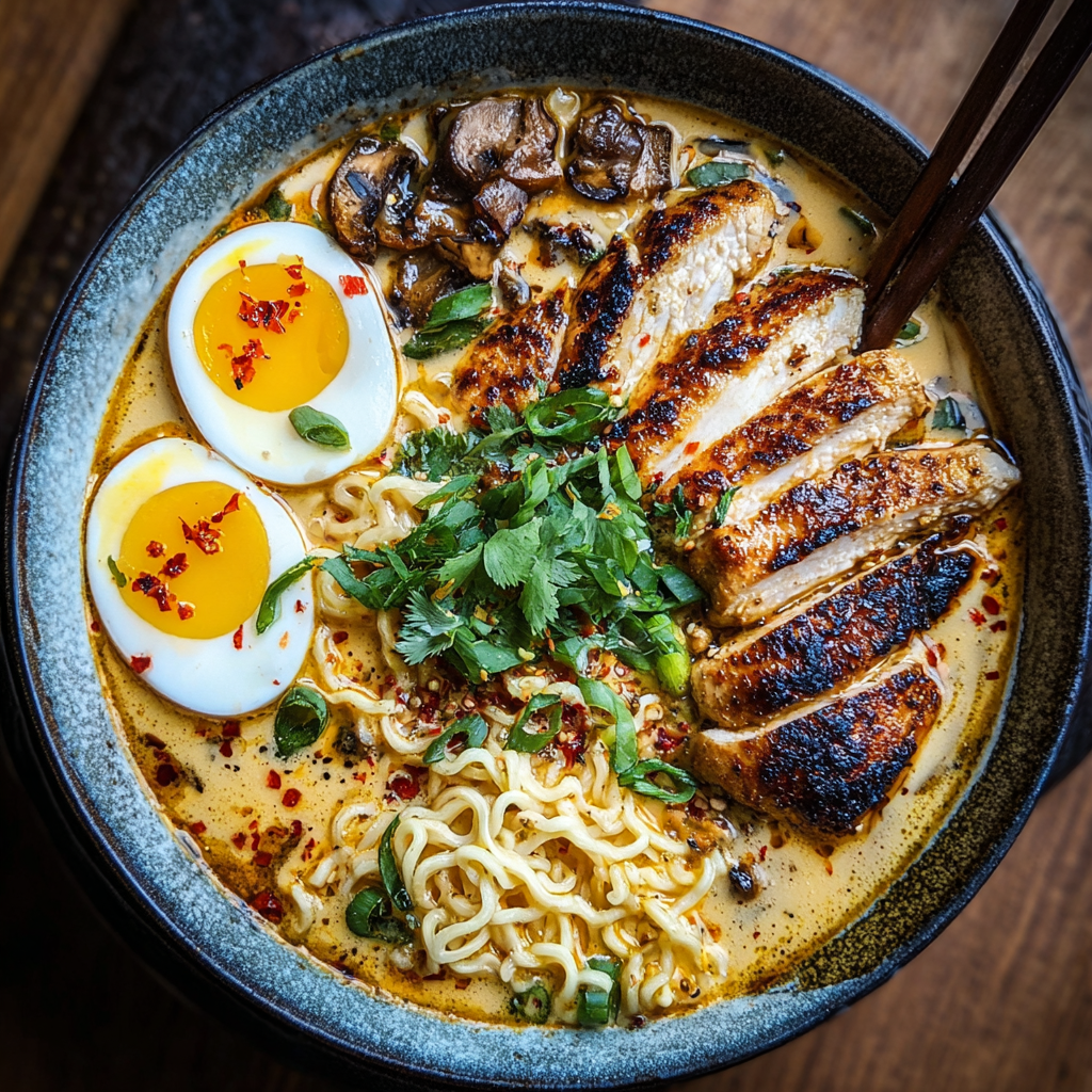 Bowl of creamy garlic chicken ramen garnished with green onions and sesame seeds