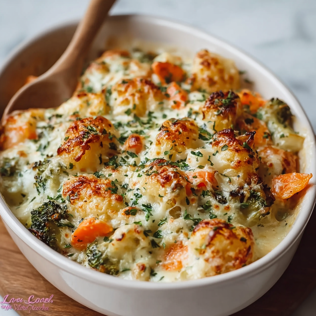 Creamy winter vegetable casserole bubbling in a baking dish