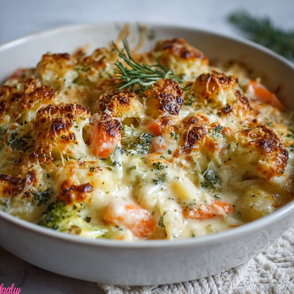 Creamy casserole slice plated with parsley