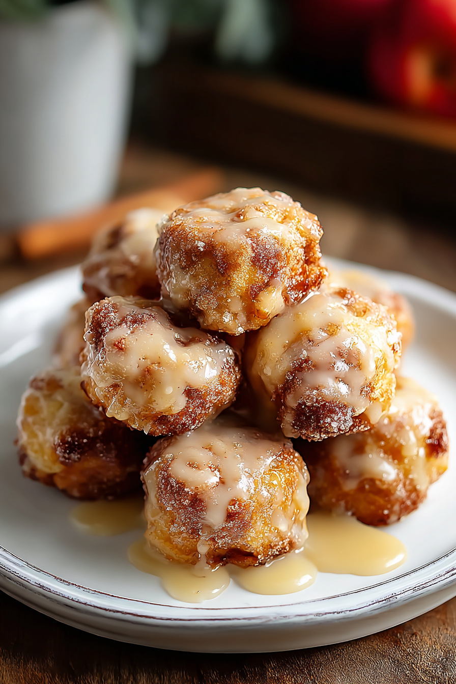 Apple fritter bites on a baking sheet