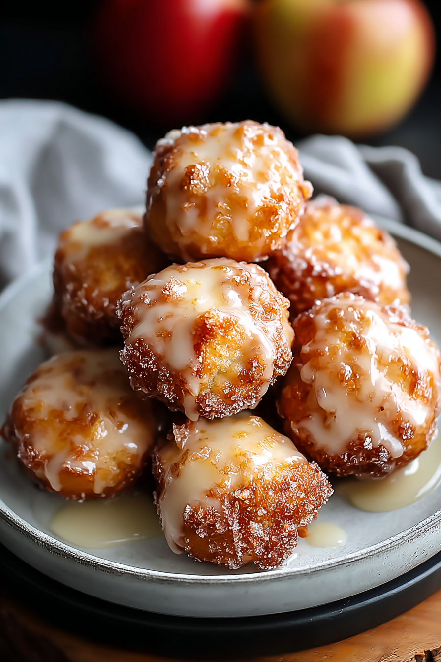 Close-up of apple fritter bites with powdered sugar