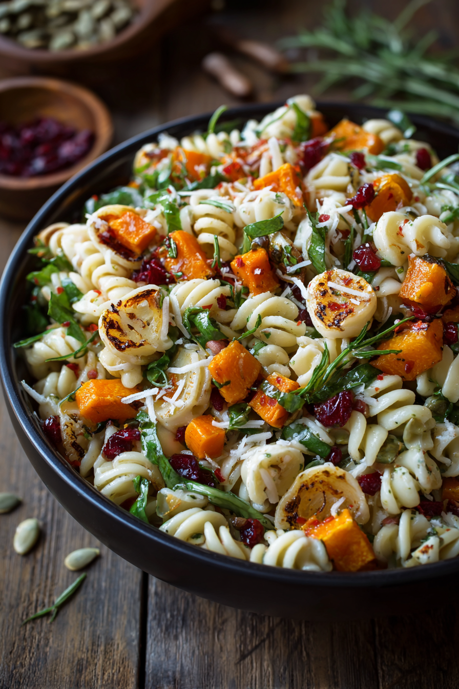 Autumn pasta salad with roasted squash and Brussels sprouts