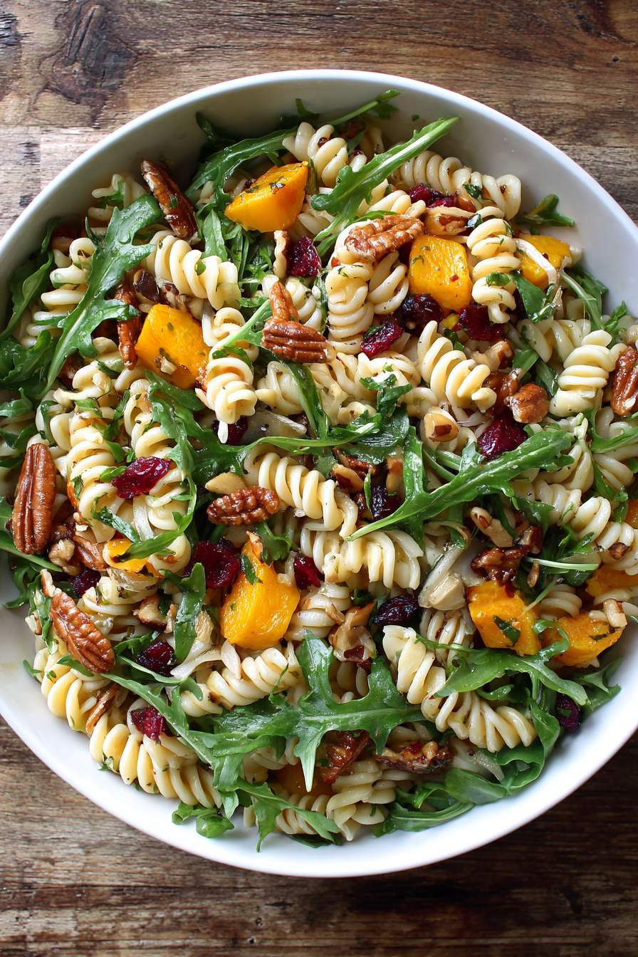 Close-up of tossed fall pasta salad with pecans and feta