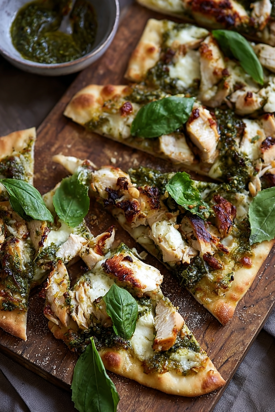 Pesto chicken flatbreads fresh from oven