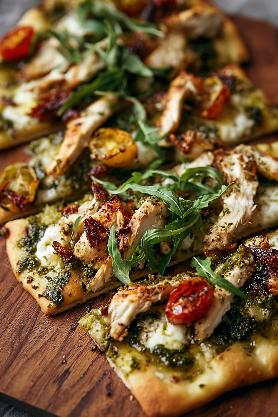 Flatbread topped with pesto, chicken and tomatoes