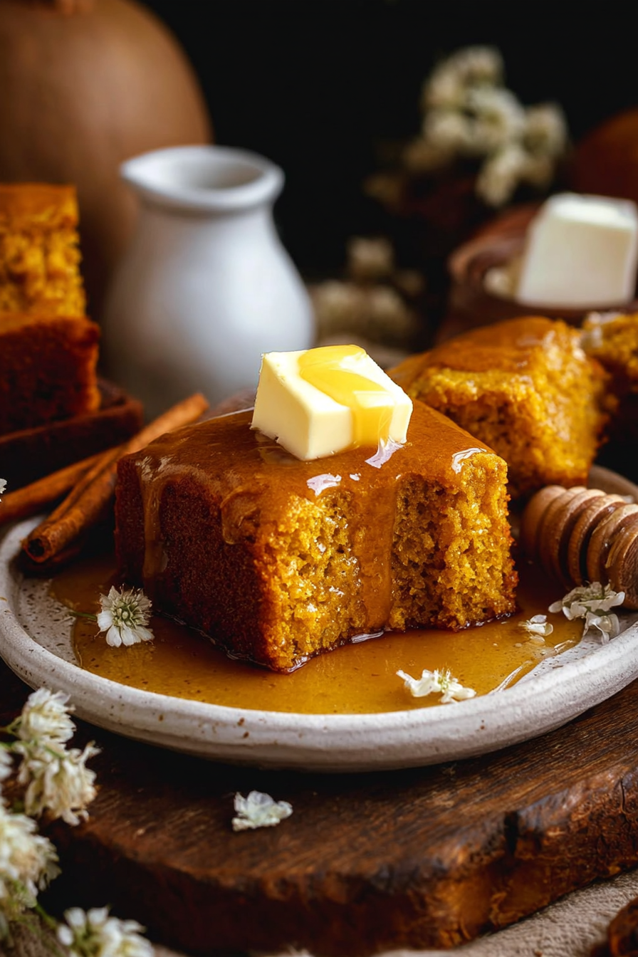 Baked pumpkin cornbread in an 8x8 pan
