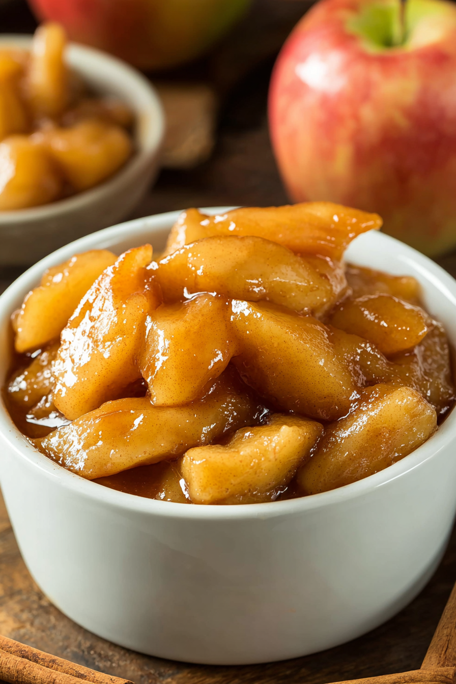 Slow cooker filled with cinnamon sugar coated apple slices