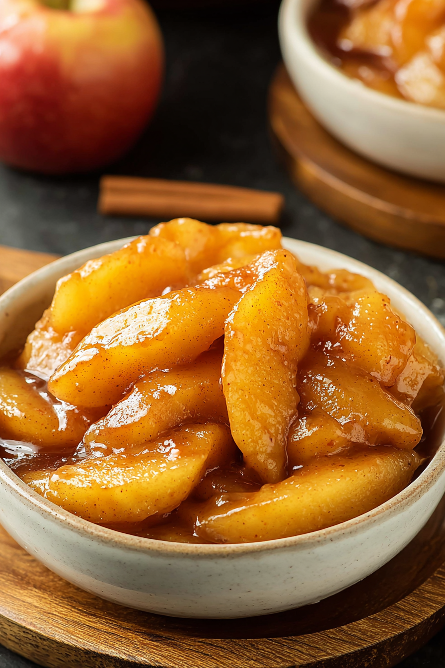 Spoonful of warm fried apples over vanilla ice cream