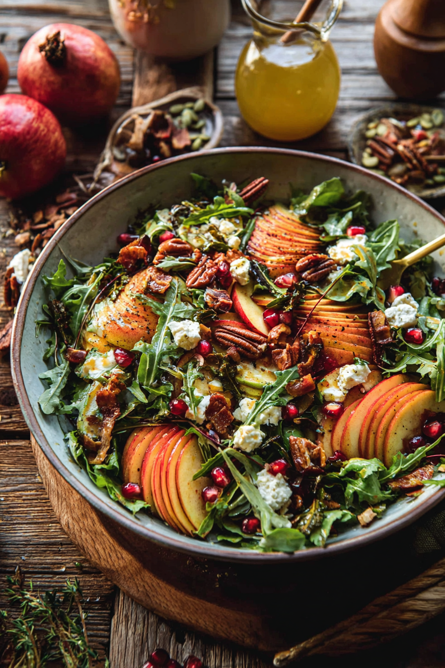 Roasted butternut squash and sliced Honeycrisp on a bed of greens
